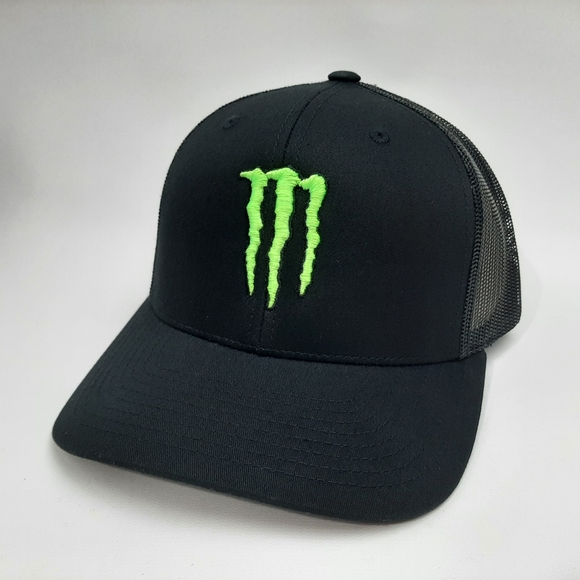 Monster Energy Embroidered Curved Bill Mesh Snapback Trucker Hat Cap Black - Picture 1 of 4